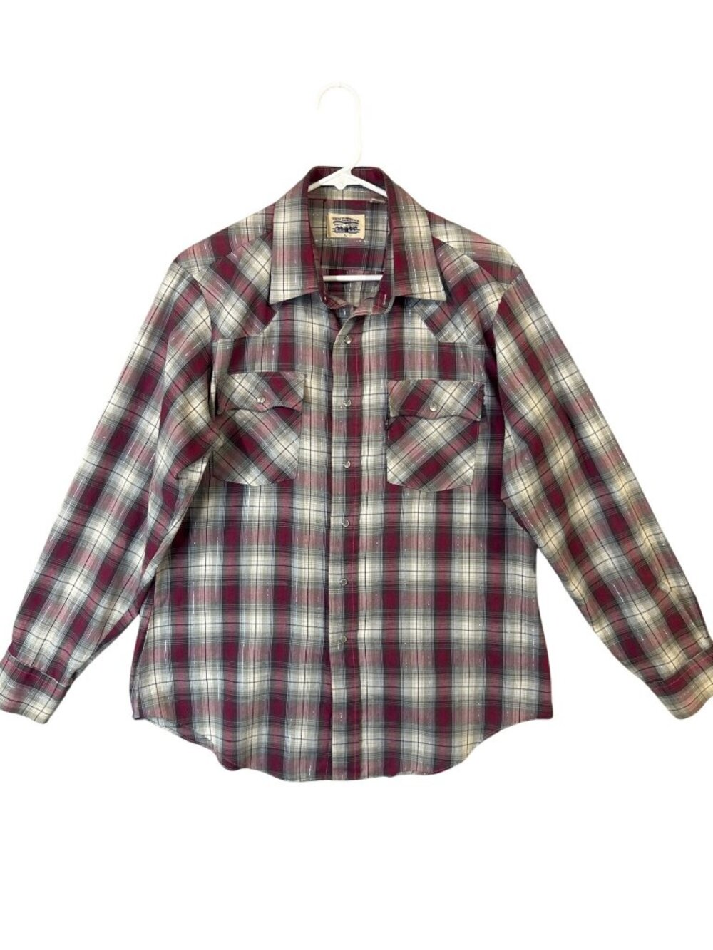 Levis Men's Plaid Snap Button Western Shirt Burgundy & Gray Size Large EUC